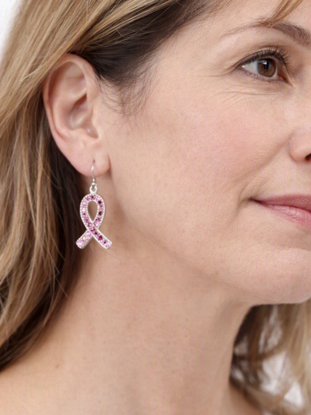 Breast Cancer Awareness Dangle Earrings Pink Rhinestones SilverTone 1 1/4 In New